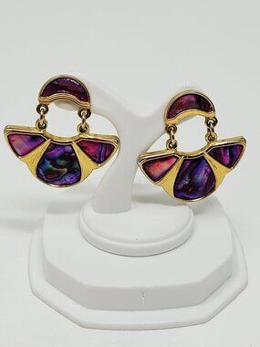 Vintage Gold Tone Iridescent Fan Dangle Earrings